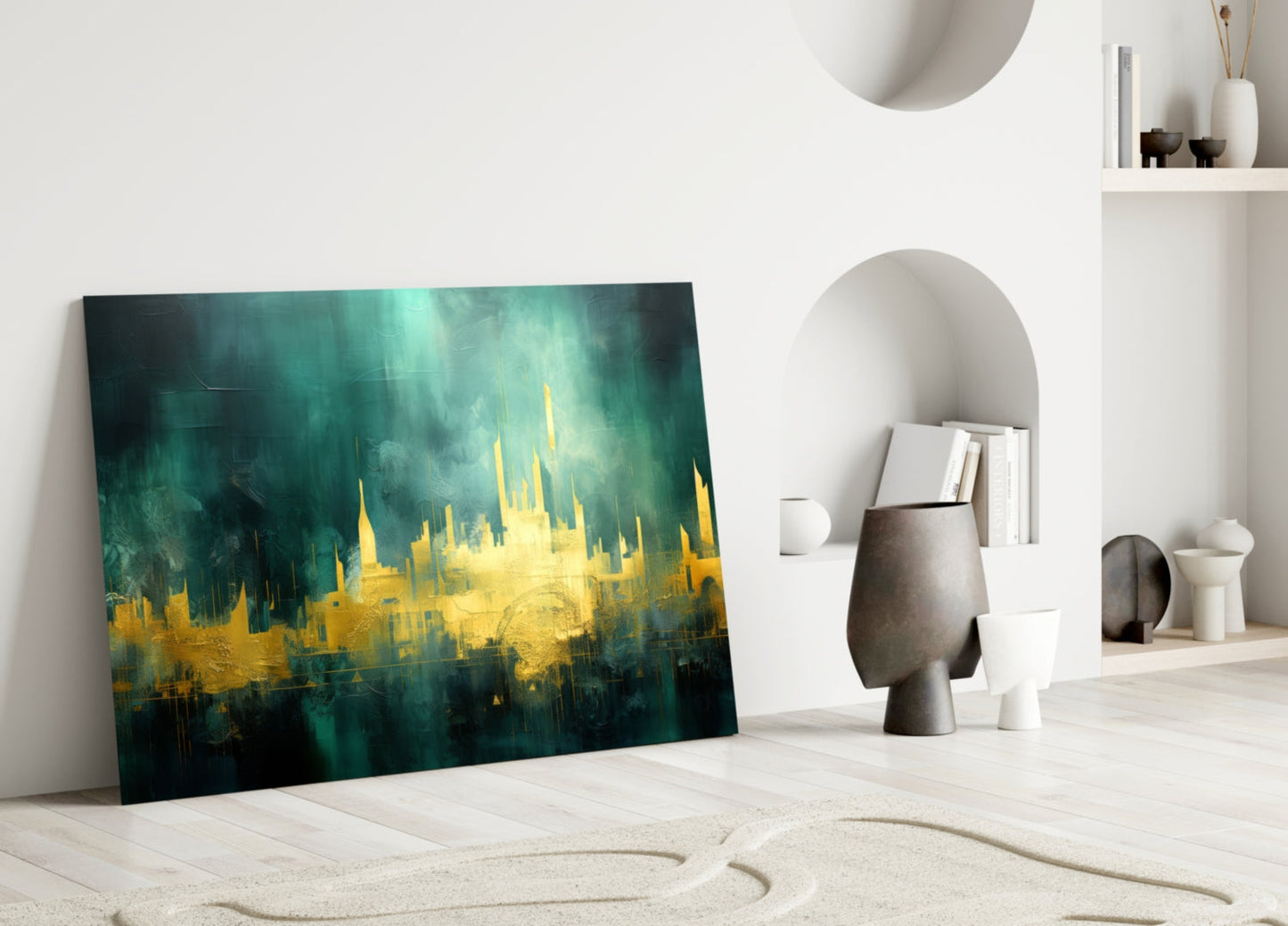 Golden Skyline Teal Mist Glass Wall Art