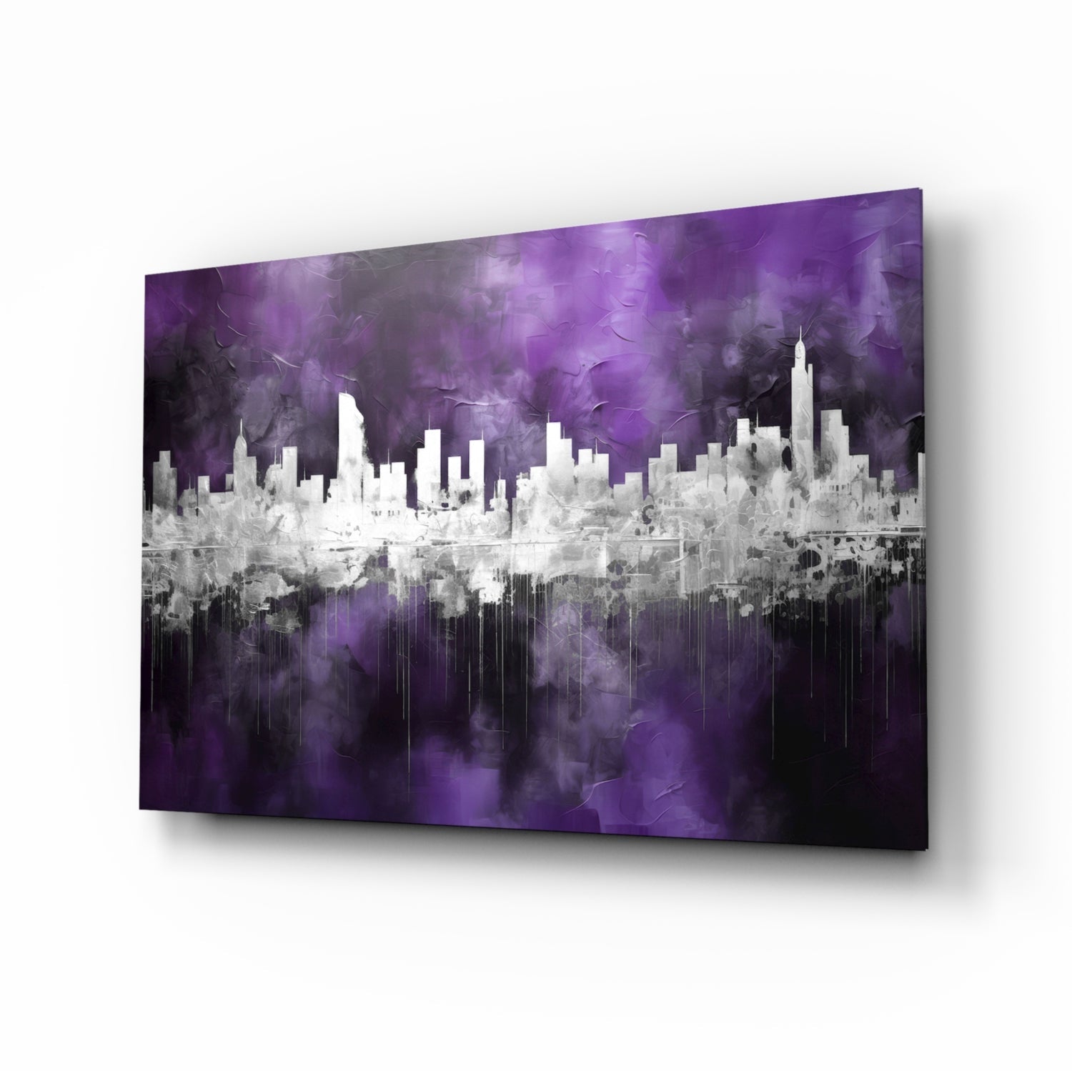 Angled perspective view of purple and white city skyline glass wall art with dripping effect against dark background.