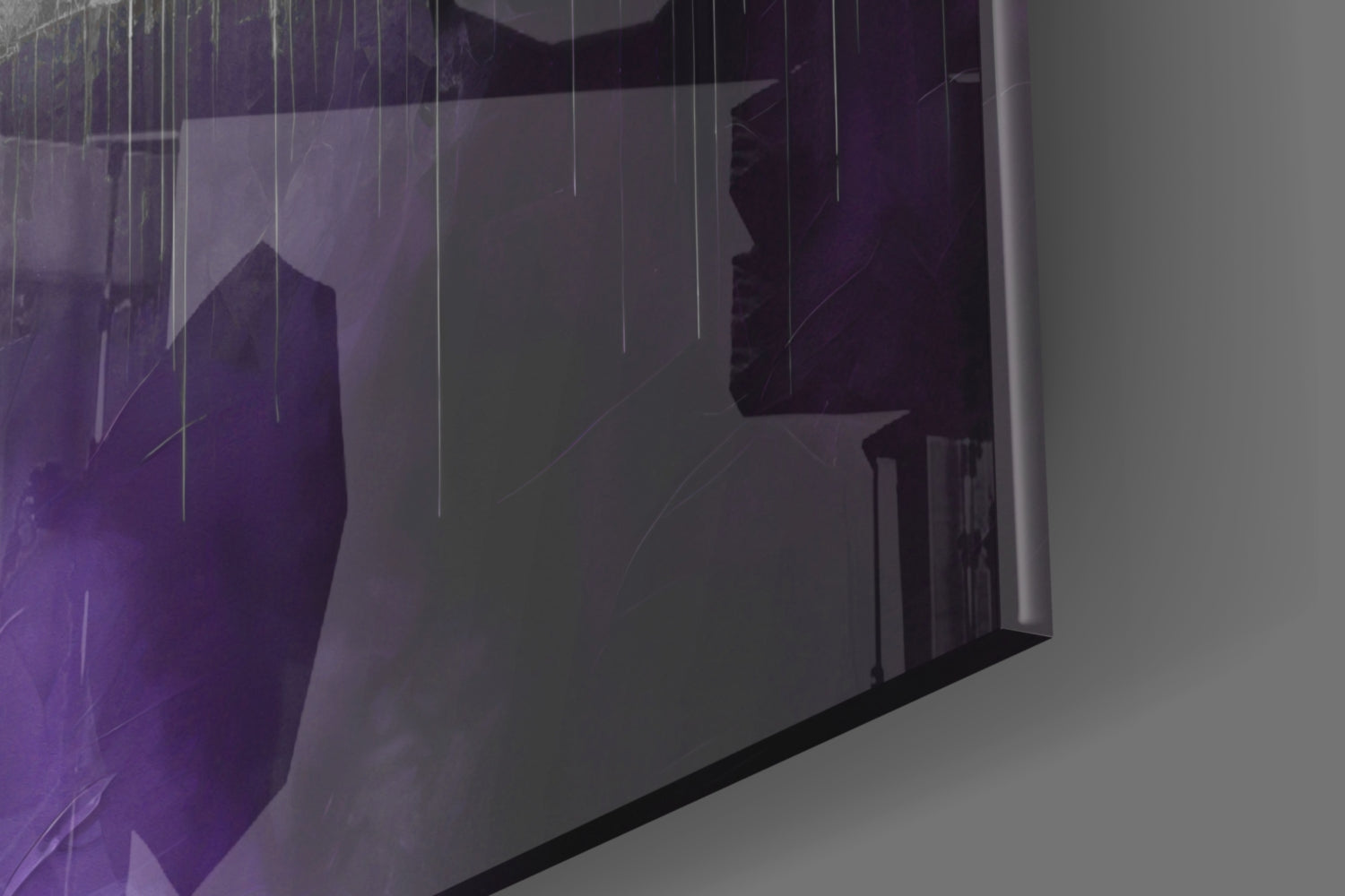 Purple and grey glass wall art panel with silhouetted city buildings and hanging wire details, angled display view.