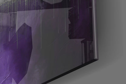 Purple and grey glass wall art panel with silhouetted city buildings and hanging wire details, angled display view.