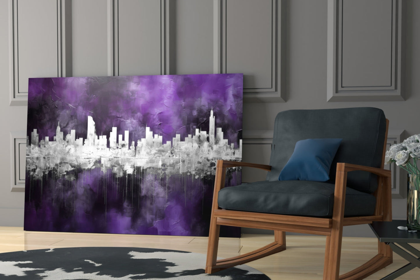 Purple and white cityscape glass art panel displayed in modern living room with mid-century wooden chair and paneled wall.