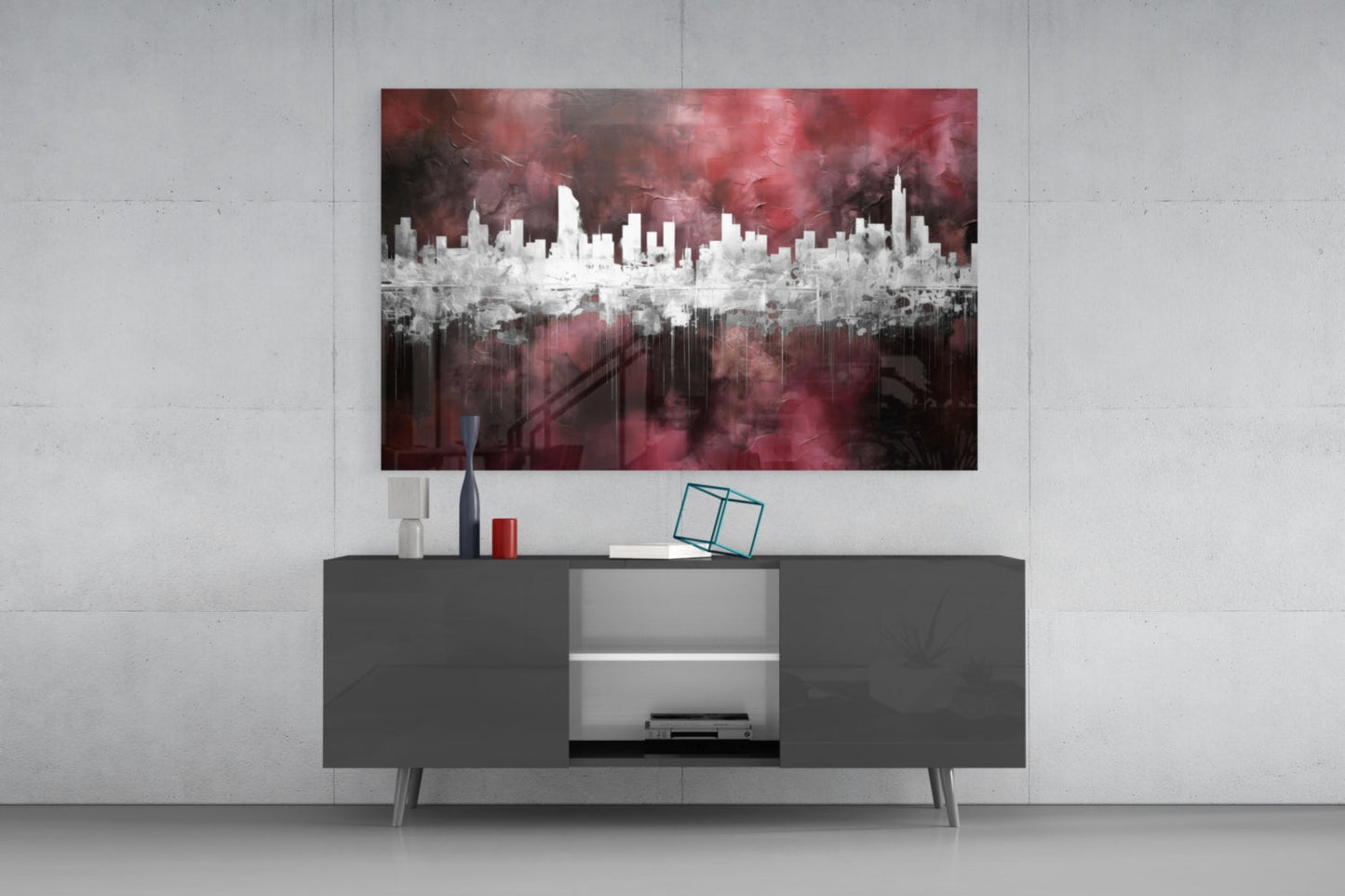 Burgundy Reflected City Glass Wall Art
