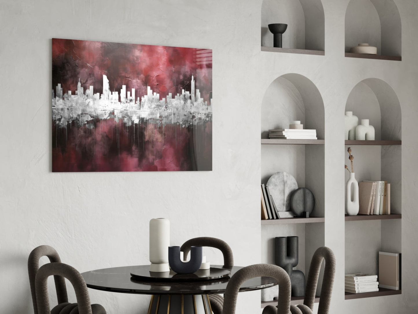 Burgundy Reflected City Glass Wall Art