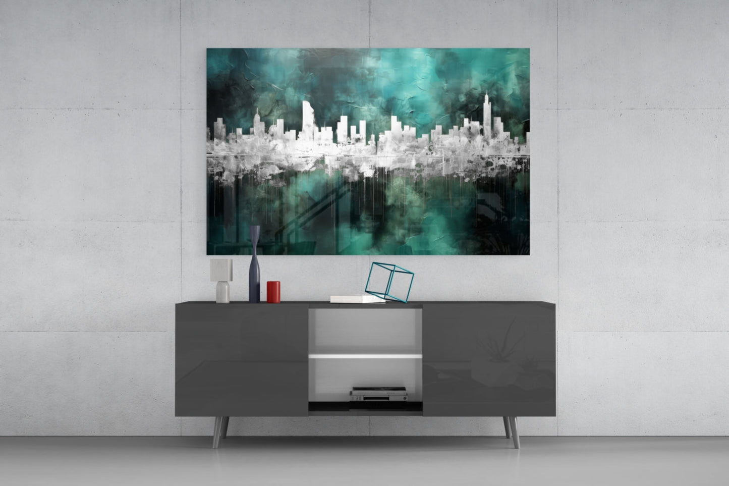 Teal Reflected City Skyline Glass Wall Art
