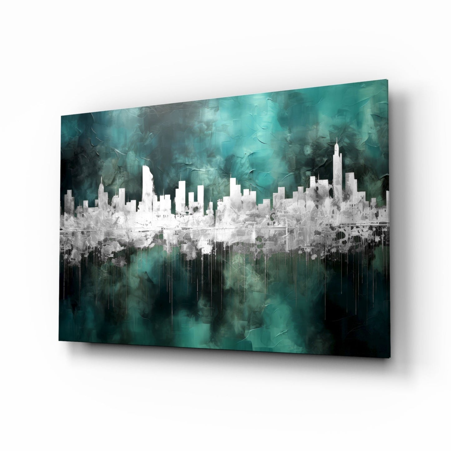 Teal Reflected City Skyline Glass Wall Art