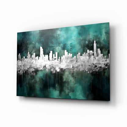Teal Reflected City Skyline Glass Wall Art