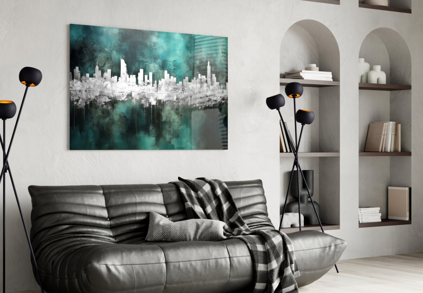 Teal Reflected City Skyline Glass Wall Art