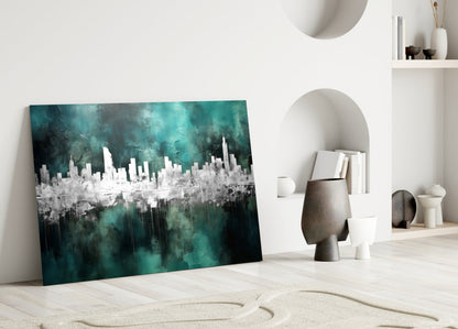 Teal Reflected City Skyline Glass Wall Art