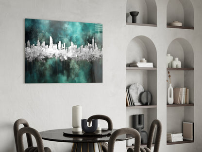 Teal Reflected City Skyline Glass Wall Art