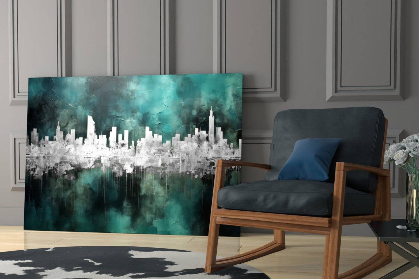 Teal Reflected City Skyline Glass Wall Art