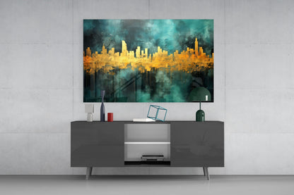 Gold Reflected Skyline Teal Glass Wall Art