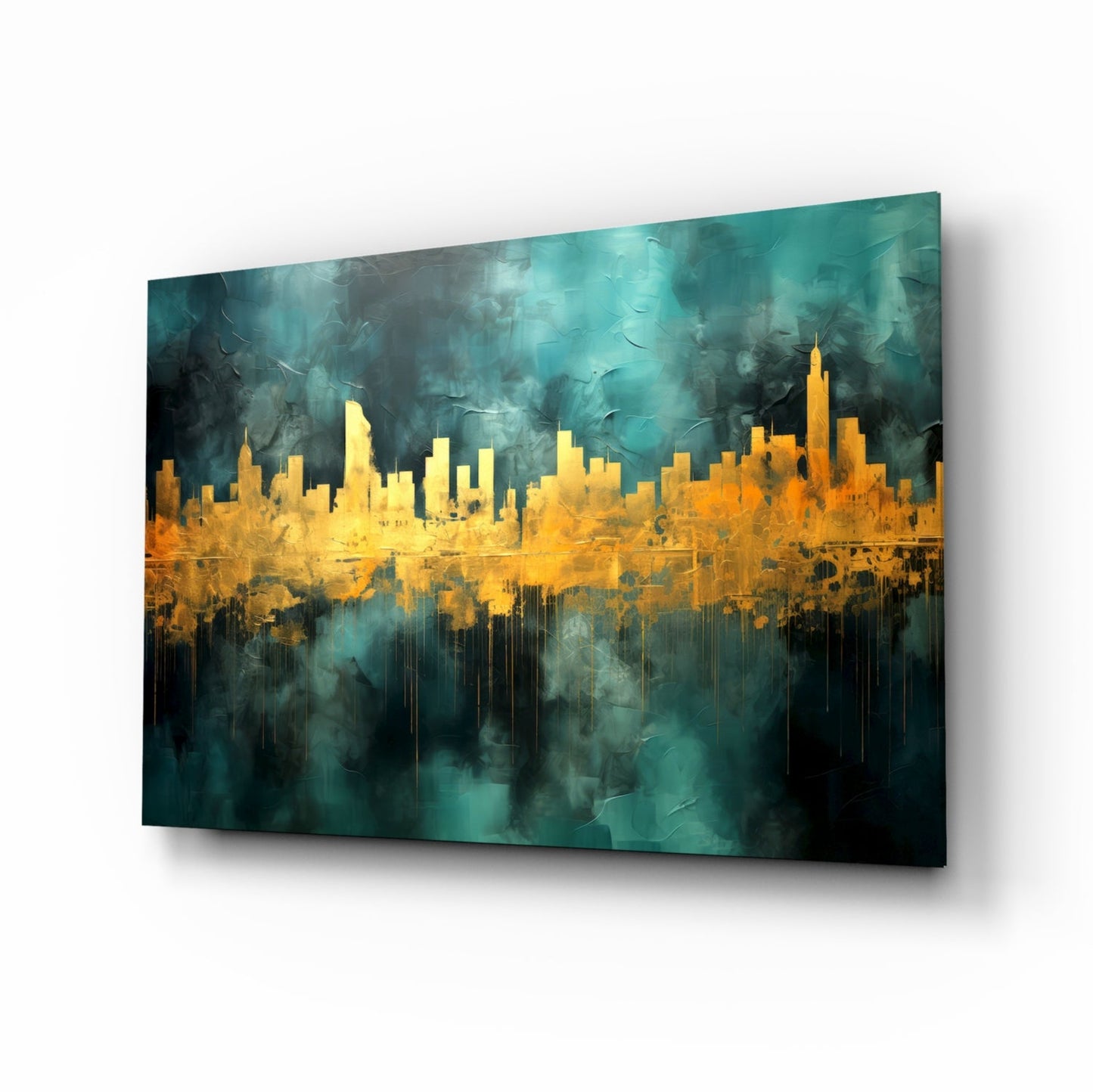 Gold Reflected Skyline Teal Glass Wall Art