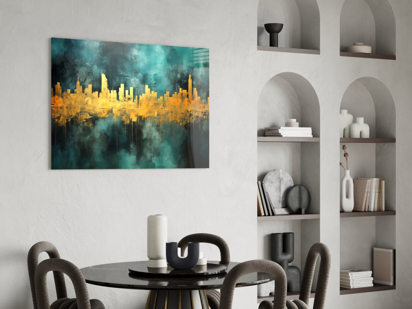 Gold Reflected Skyline Teal Glass Wall Art
