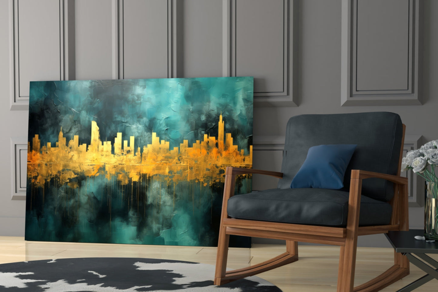 Gold Reflected Skyline Teal Glass Wall Art