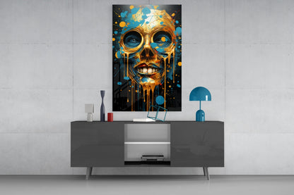 Gold and blue skull artwork with dripping paint effect displayed above gray media console in modern living room setting.