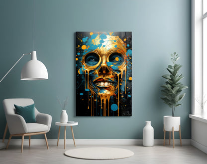 Gold and blue dripping skull canvas art hanging on teal wall above white chair and plant.