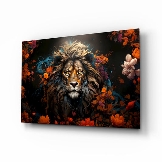 Angled perspective of glass wall art displaying a majestic lion's face surrounded by vibrant orange, red, and purple flowers against a dark background.