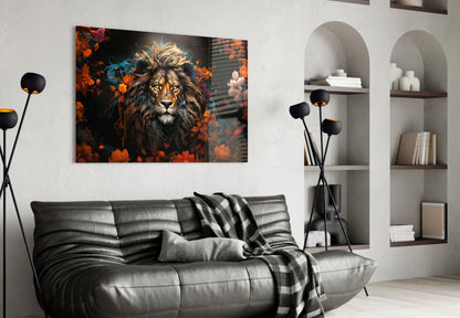 Orange Blossom Lion Portrait Glass Wall Art