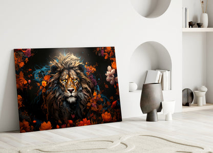 Orange Blossom Lion Portrait Glass Wall Art