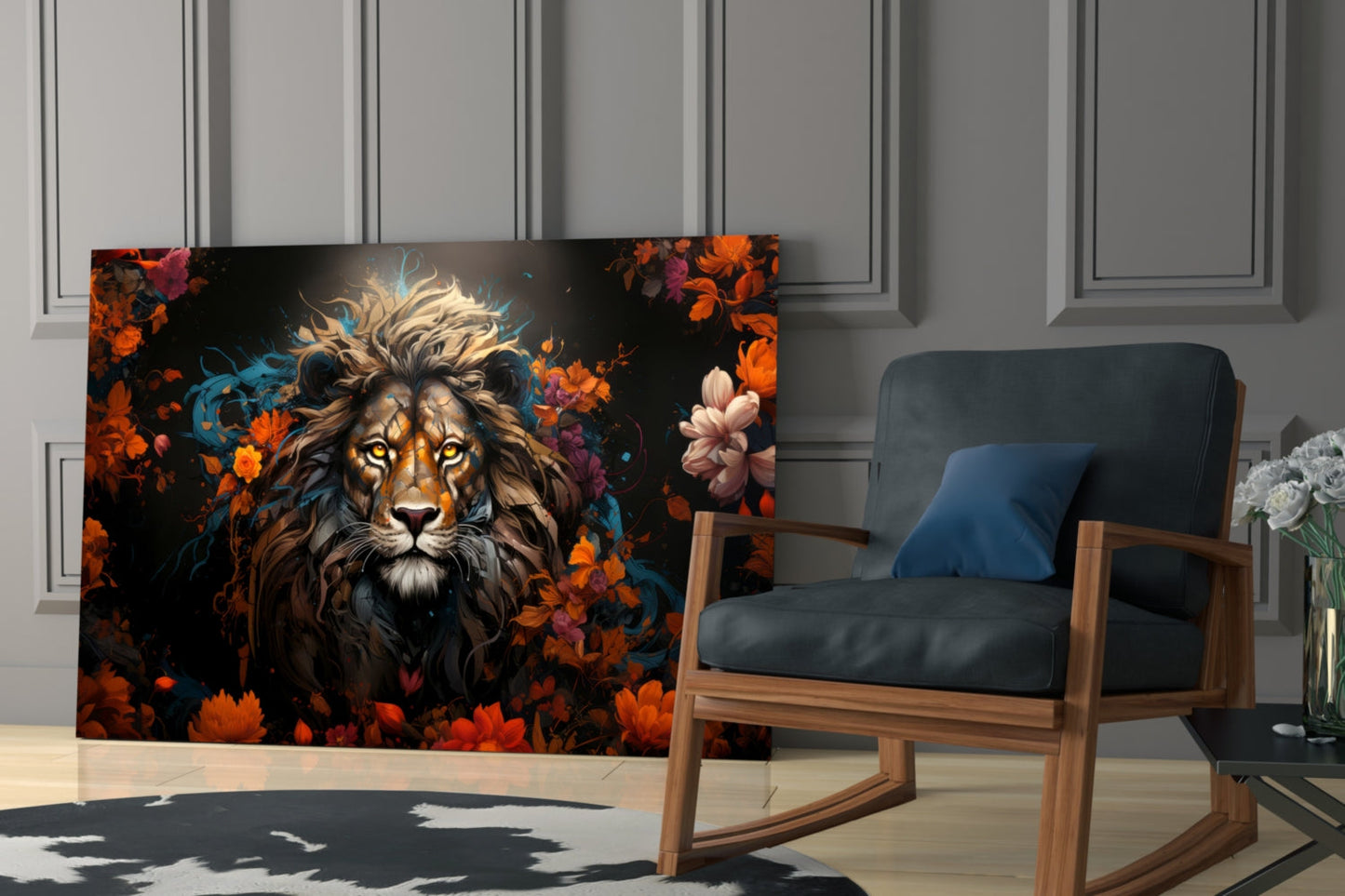 Orange Blossom Lion Portrait Glass Wall Art