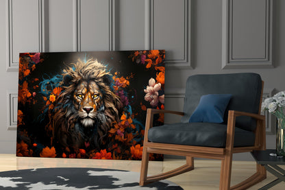 Orange Blossom Lion Portrait Glass Wall Art