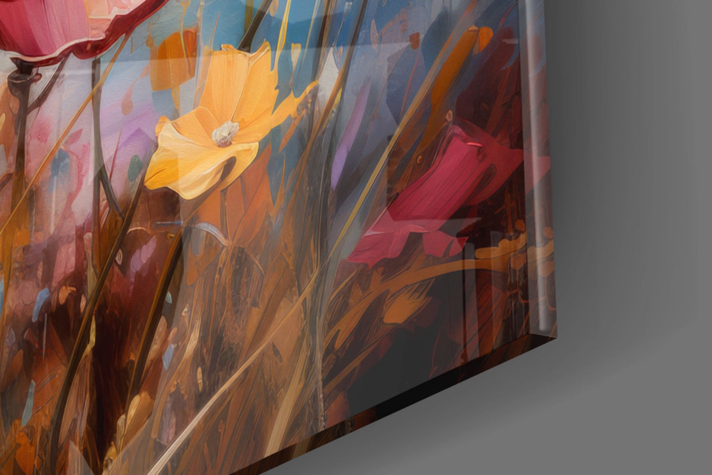 Close-up angled view of glass wall art displaying yellow poppy with red and pink flowers against blue background, sunlight creating shadows on gray wall.