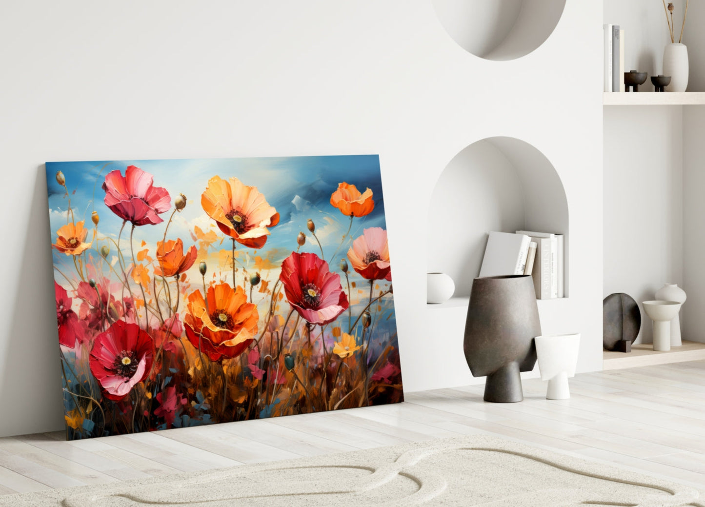 Vibrant poppy glass wall art leaning against white wall in minimalist interior with decorative objects and niches.