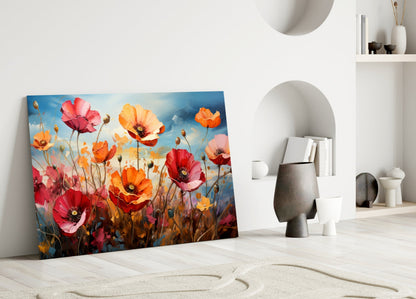 Vibrant poppy glass wall art leaning against white wall in minimalist interior with decorative objects and niches.