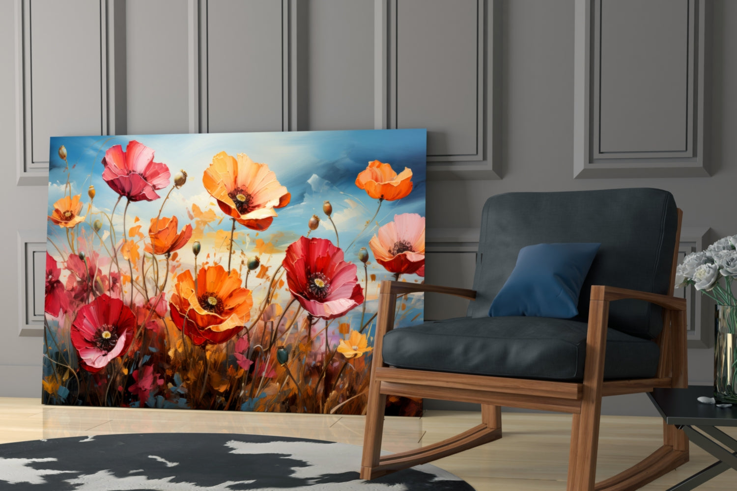 Colorful poppy glass wall art displayed in a modern living room beside a wooden rocking chair with dark cushions.