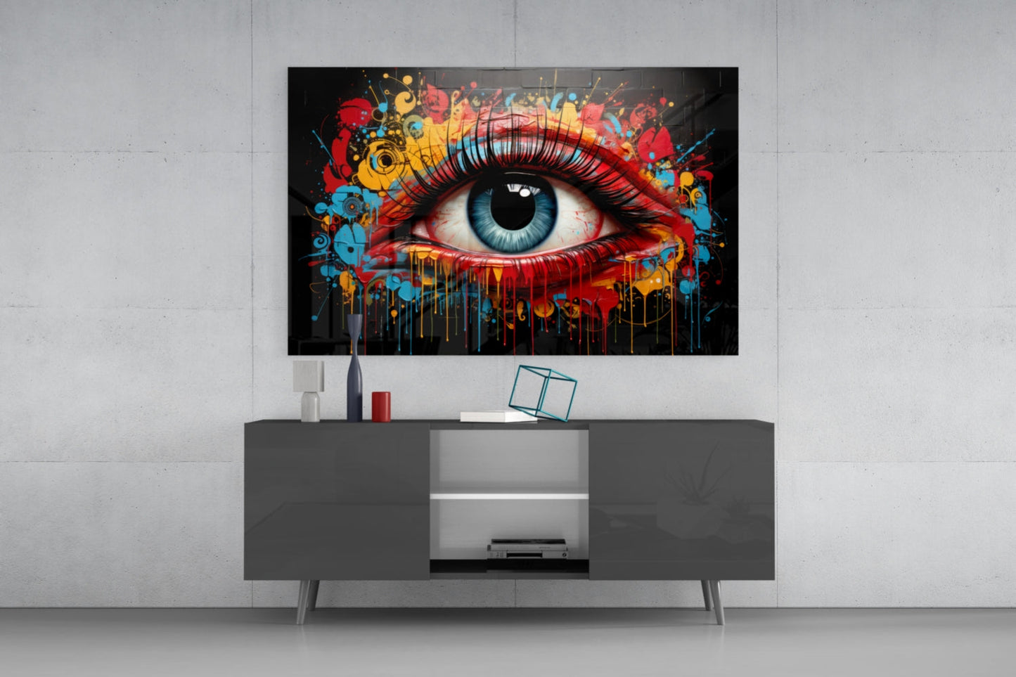 Dripping Paint Splash Blue Eye Glass Wall Art