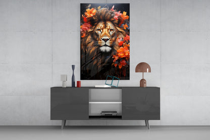 Floral Crown Lion Face Glass Wall Art