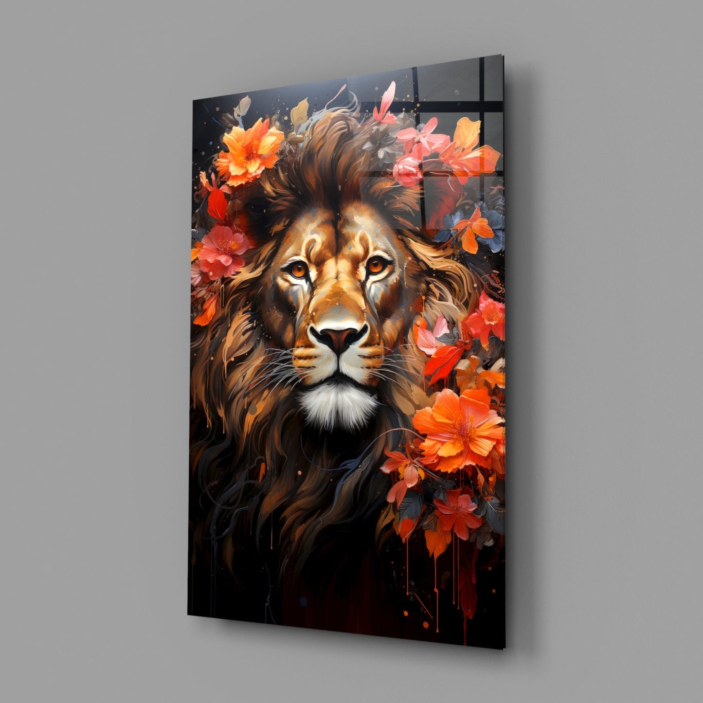 Floral Crown Lion Face Glass Wall Art