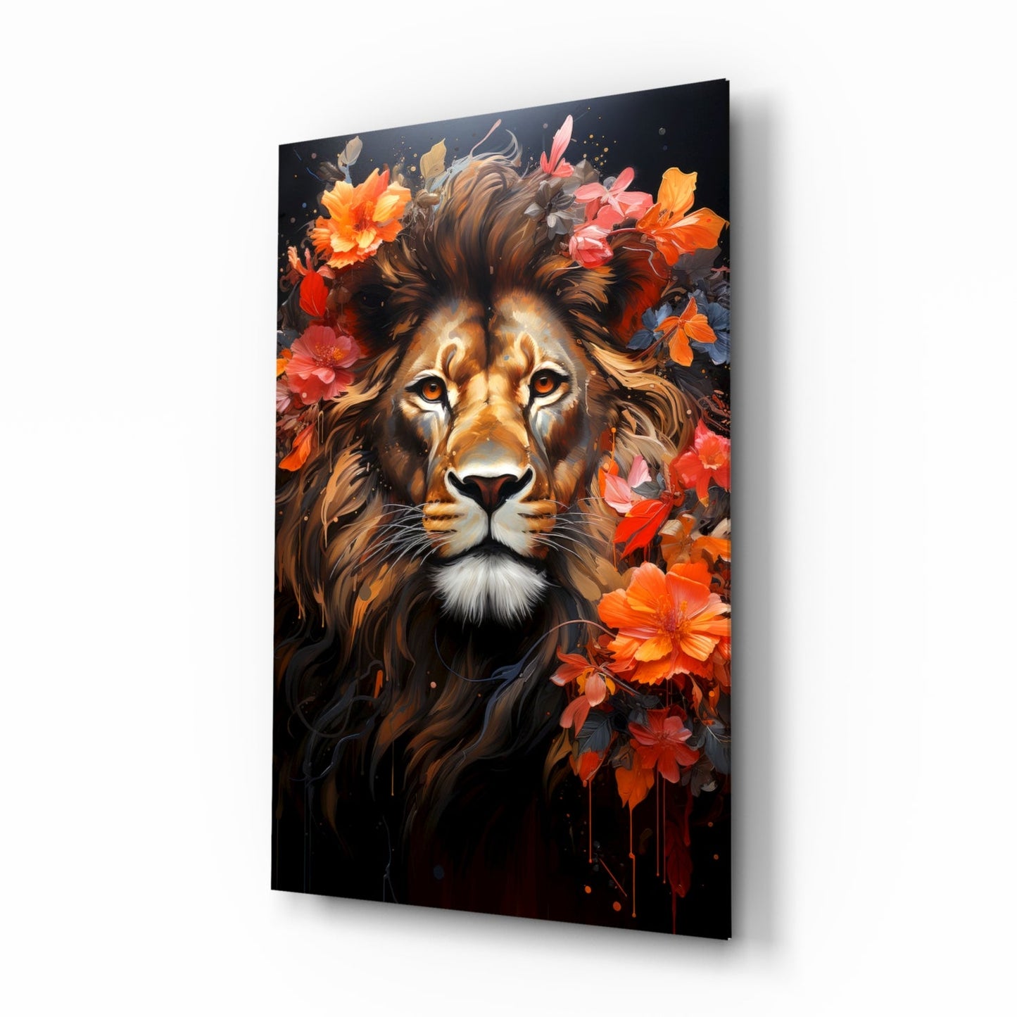 Floral Crown Lion Face Glass Wall Art