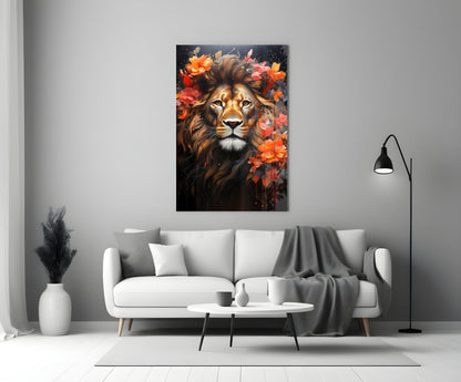 Floral Crown Lion Face Glass Wall Art