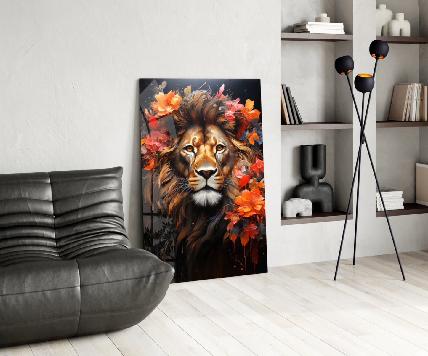 Floral Crown Lion Face Glass Wall Art