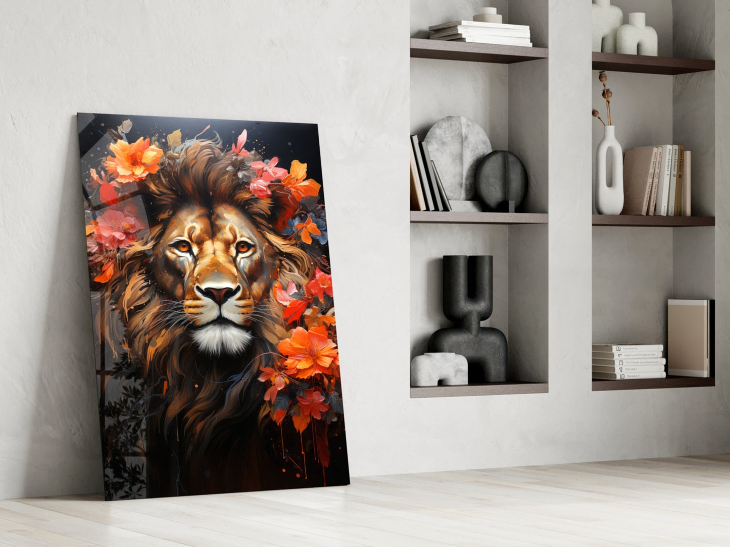 Floral Crown Lion Face Glass Wall Art