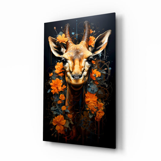 A gold giraffe head surrounded by orange flowers against a black background displayed as a tilted glass wall panel with shadow effect.