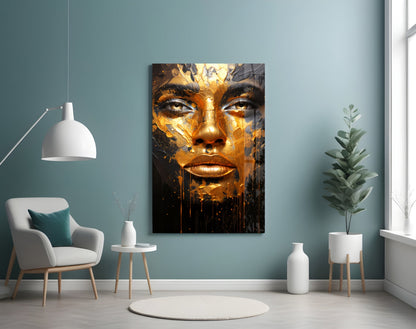 Golden Melt Glass Wall Art depicting a portrait with gold and black dripping effect displayed in modern living room interior.