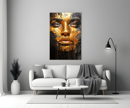 Golden Melt Glass Wall Art featuring a portrait with gold and black dripping effects displayed above a white sofa in a modern living room.