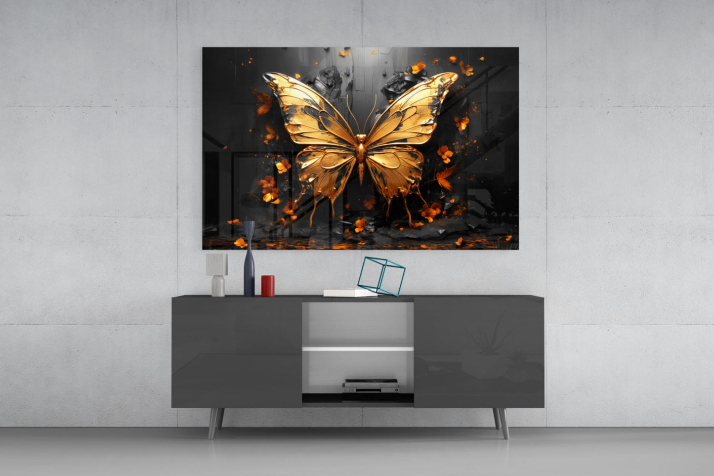 Golden butterfly glass wall art with orange fire effects displayed above dark gray TV console in modern living room interior.