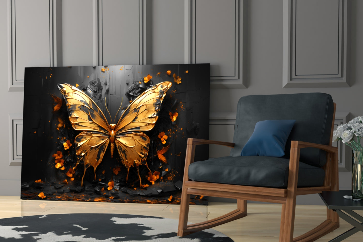 Golden butterfly glass wall art displayed in modern living room with wooden chair and gray paneled walls.