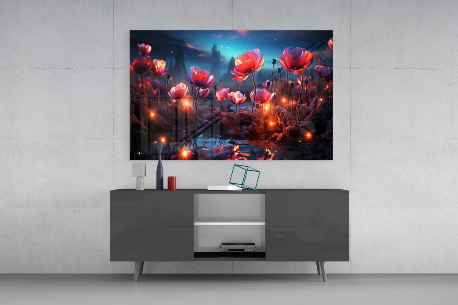 Glowing red poppies with luminous flowers displayed on mounted wall above gray media console in modern living room setting.