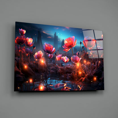Glass wall art panel displaying luminous red poppies with glowing lights against a twilight landscape, mounted on gray wall.
