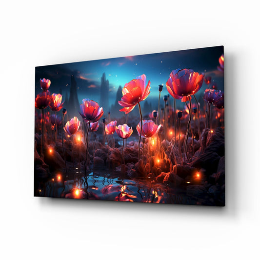 Angled perspective of glass wall art displaying glowing red poppies in a dark mystical landscape with blue sky and reflective water.