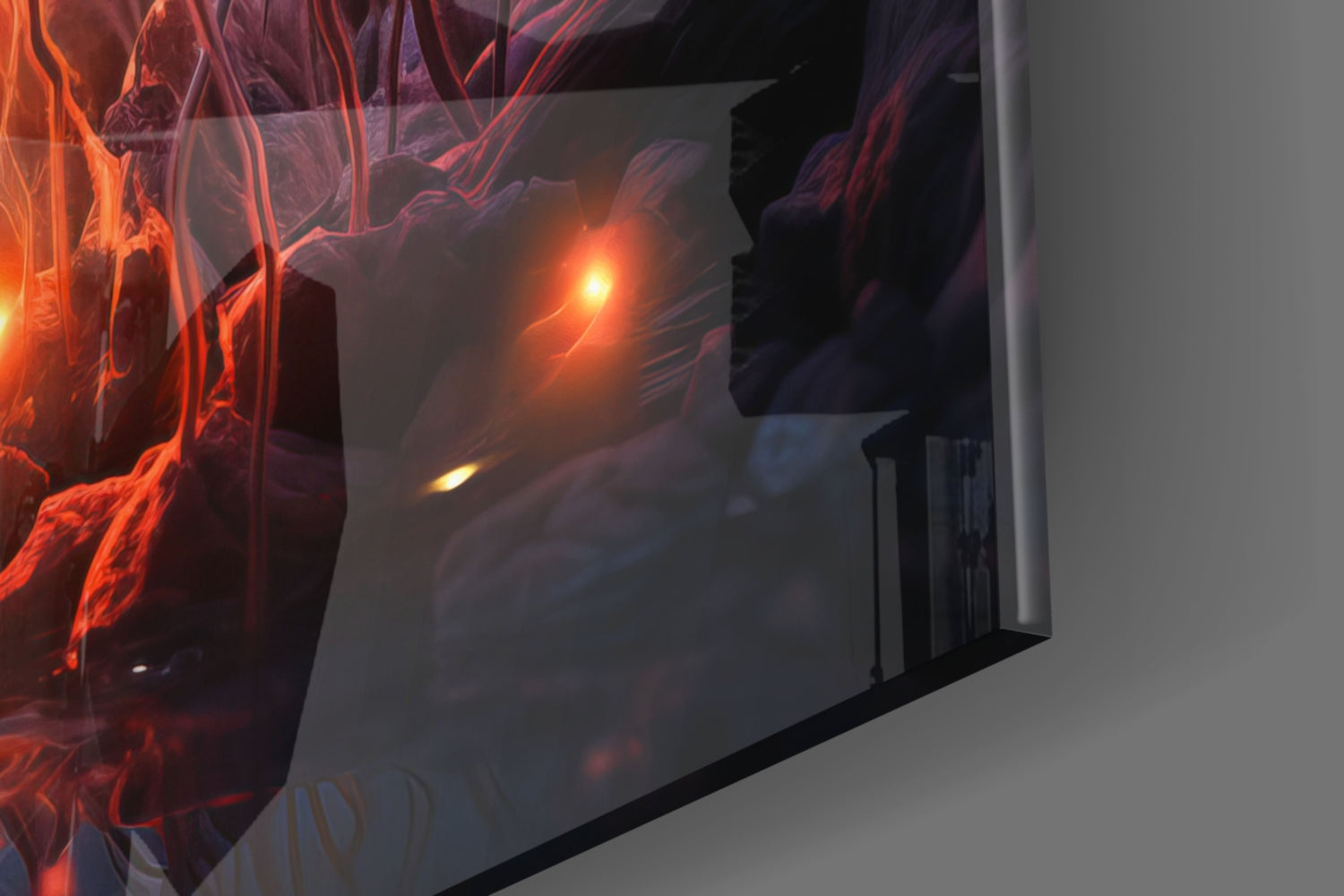 Close-up angled view of illuminated red and orange poppy glass wall art displaying glowing botanical details against neutral wall background.