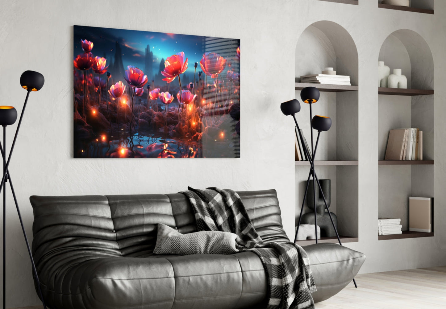 Glowing red poppies with luminescent flowers displayed above a gray leather sofa in a modern living room setting.