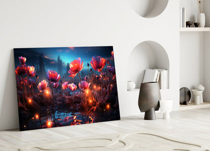Magical Poppies glass wall art leaning against white wall in minimalist room with glowing red flowers and blue night sky.