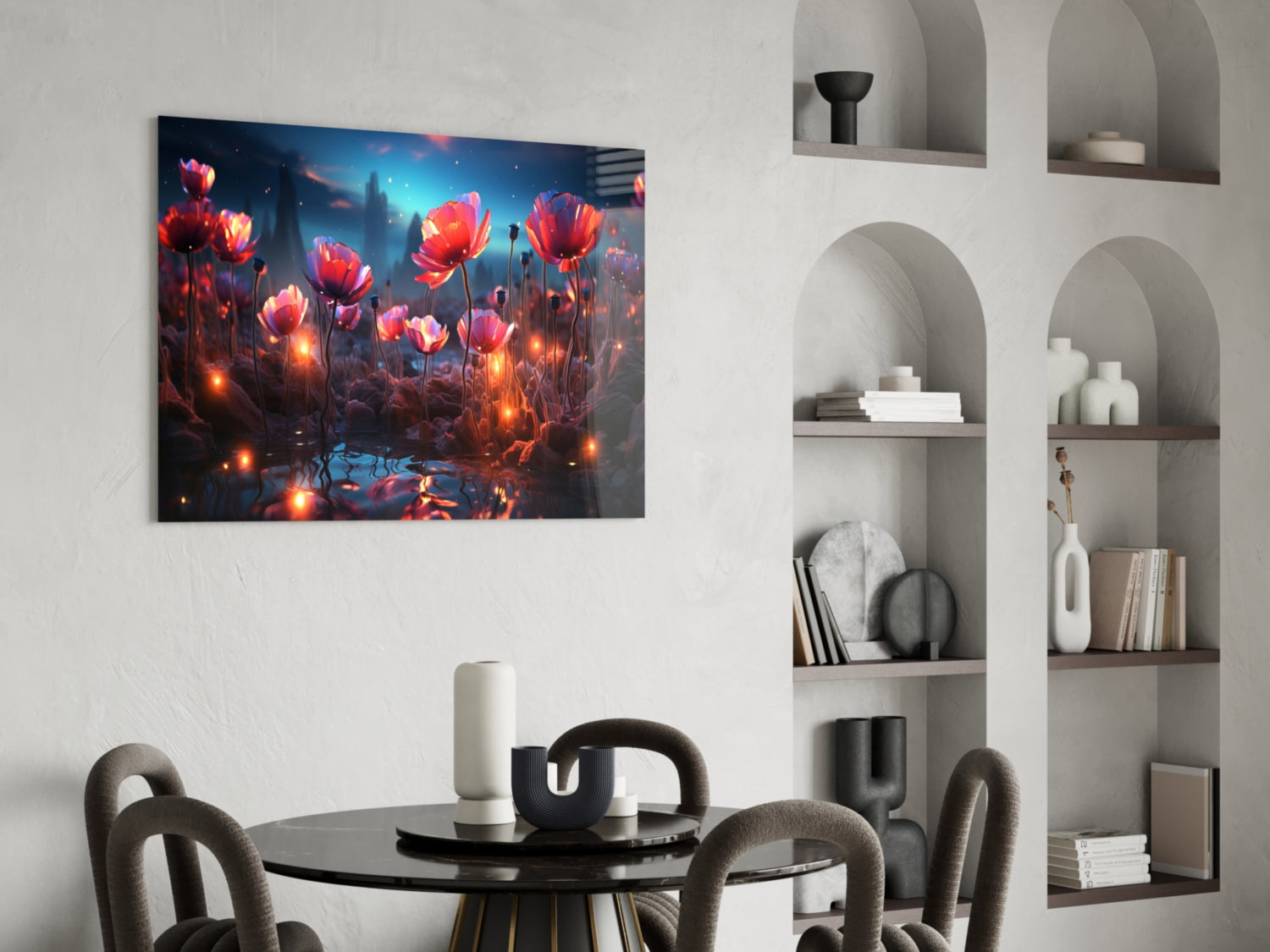 Glowing red poppies with luminescent flowers displayed on wall above black dining table in modern interior setting.
