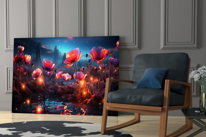 Glowing red poppies with luminescent stems displayed as glass wall art in a modern living room setting beside a wooden chair.