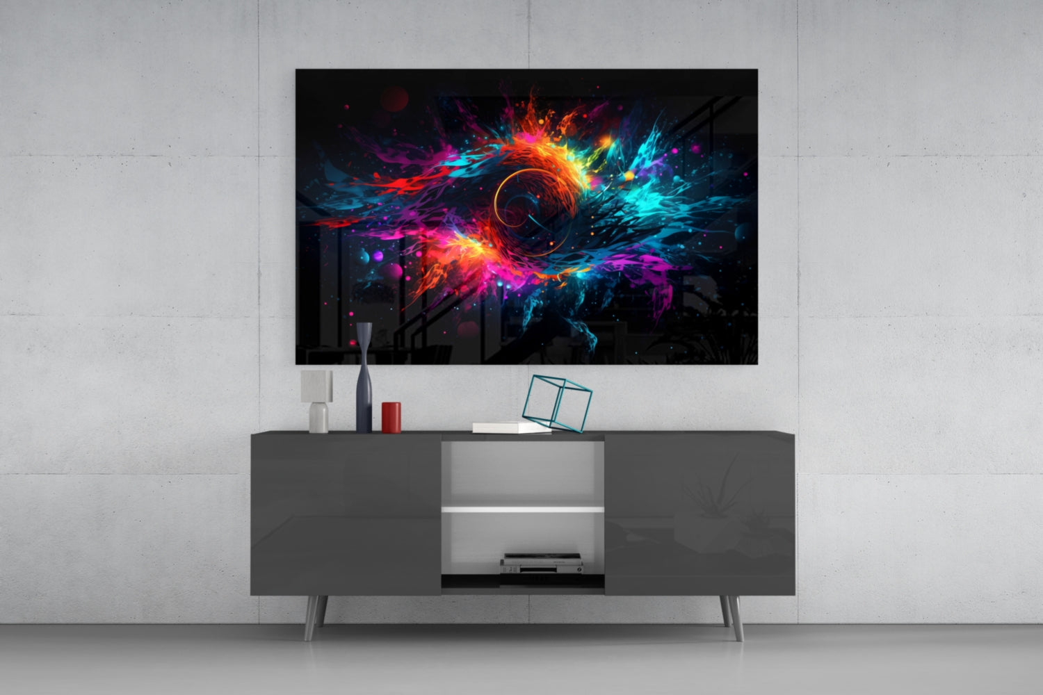 Modern living room with dark TV console displaying vibrant colorful abstract art with glowing neon swirls and central sphere.